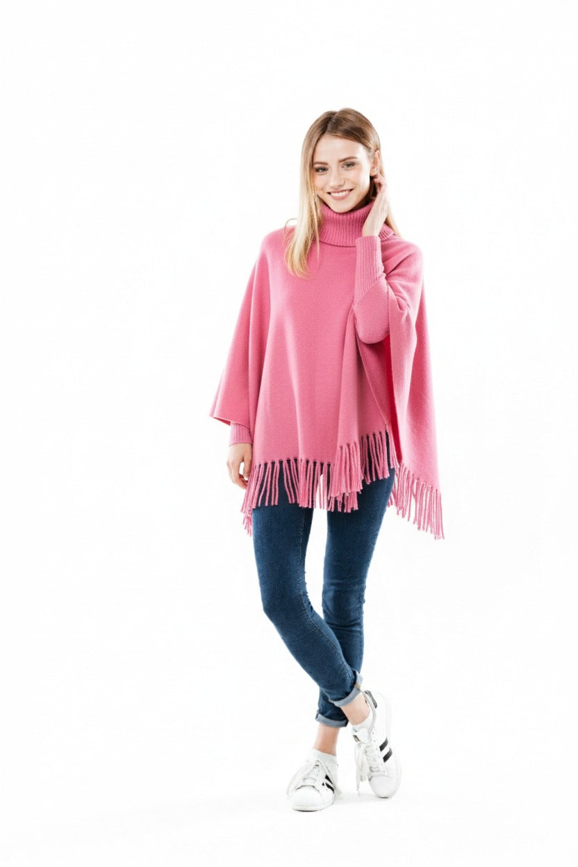 Winter Fleece Poncho with High Neck, Tassel Design & Adjustable Short Sleeves – For Girls/Princess Free Sizes